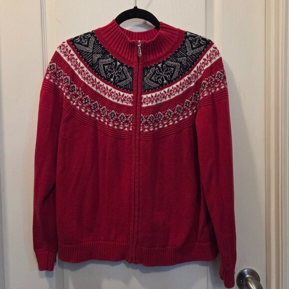 Nordic Fair Isle Sweater 100% Cotton Crewneck Zip-Up Red & Cream - L - Picture 2 of 5